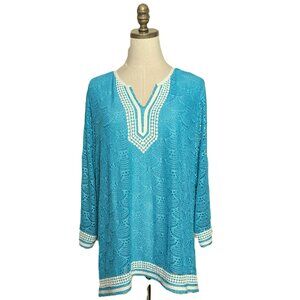Alfred Dunner Nautical Crochet Mesh Blouse Plus Size 2X Blue White Split Neck